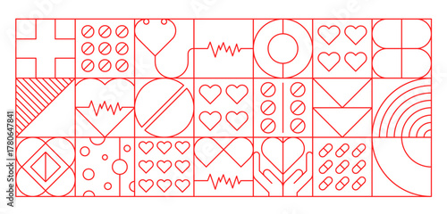 Heart health care and cardiology medicine geometric abstract pattern, vector background. Heart and cardio healthcare medicine pattern of abstract mosaic medical shapes of ECG, pills and heart pulse