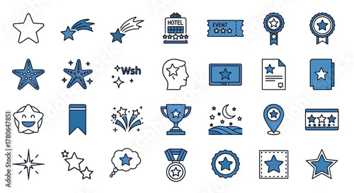 A comprehensive collection of star and award icons, symbolizing success, quality, recognition, wishes, and achievements, perfect for various design projects