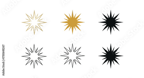 Collection of starburst burst emblem star shapes in gold black and white