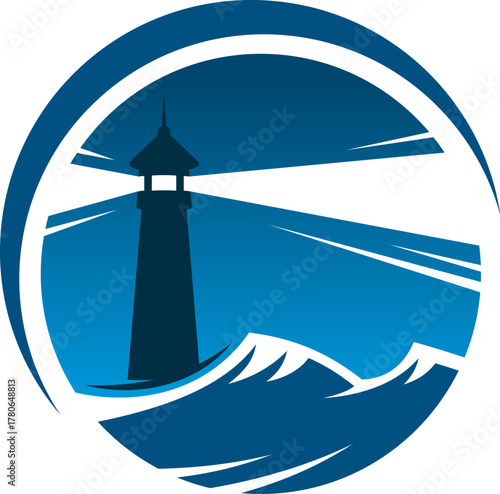 Marine travel navigation lighthouse and beacon. Sea sailing lighthouse vector sign, nautical navigation lantern searchlight icon. Marine travel symbol with lighthouse on night shore, storm waves