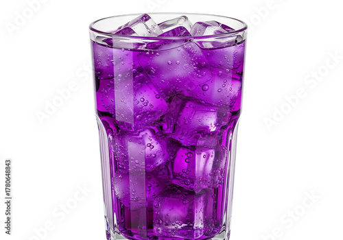 Vibrant purple beverage refreshing drink with ice cubes in tall glass