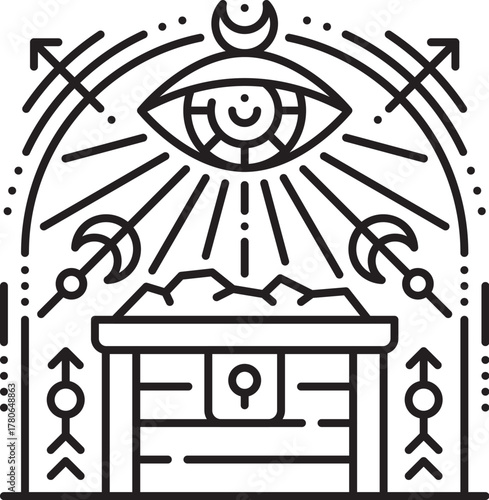 Pirate treasure chest esoteric line symbol. Filibuster tarot lineart vector sign, buccaneer pirate nautical sacred outline symbol. Corsair sailing magic thin line print with treasure gold chest