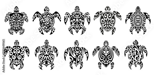 Tribal Maori turtle animal tattoo set. Isolated vector black tortoise reptile sacral symbols, ornate tribal art motifs. Mayan Aztec totem signs represent longevity and wisdom in folklore and mythology