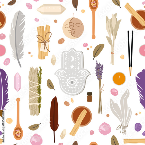 Seamless boho spiritual pattern with crystals, feathers, herbs, hamsa hand, candles, and incense. Mystical flat vector design perfect for fabric, wrapping paper, or holistic decor themes.