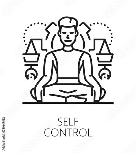 Self control life skills line icon or emblem. People potential linear vector icon, human quality outline sign. Personality life skills lineart pictogram or symbol with man meditating in lotus pose