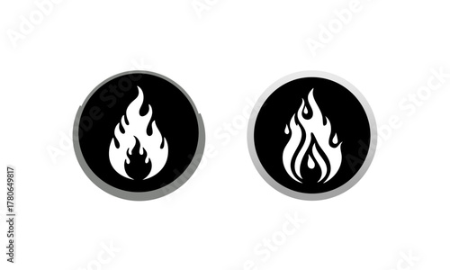 Two round black icons each depict a white flame, surrounded by gray borders, on a white background