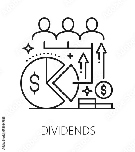 Investment dividends, finance line icon or pictogram. Business investor company vector icon, capital dividends outline symbol. Investment fund pictogram with shareholders dividend parts graph diagram