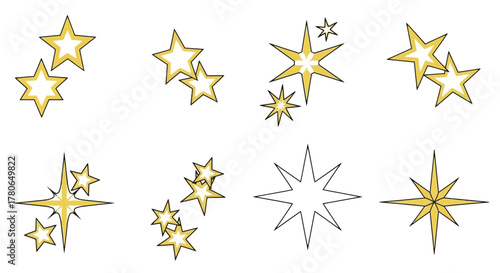 Set of Golden and Outline Starbursts and Sparkle Icons for Decoration and Design Elements