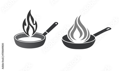 Two skillet illustrations with flames over cooking liquid, with handles. Grayscale