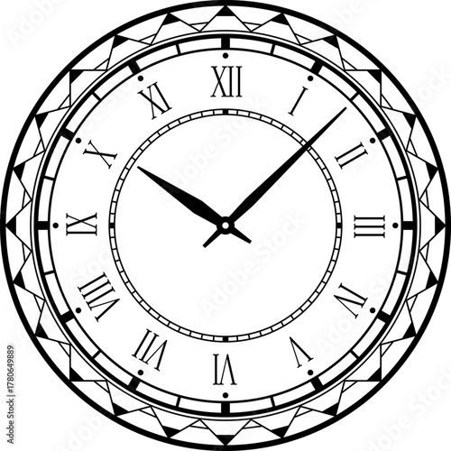 Black and white vintage vector clock face with roman numerals and ornate triangular border pattern. Elegant black hands point at the time with refined precision. Retro clock face measuring time object