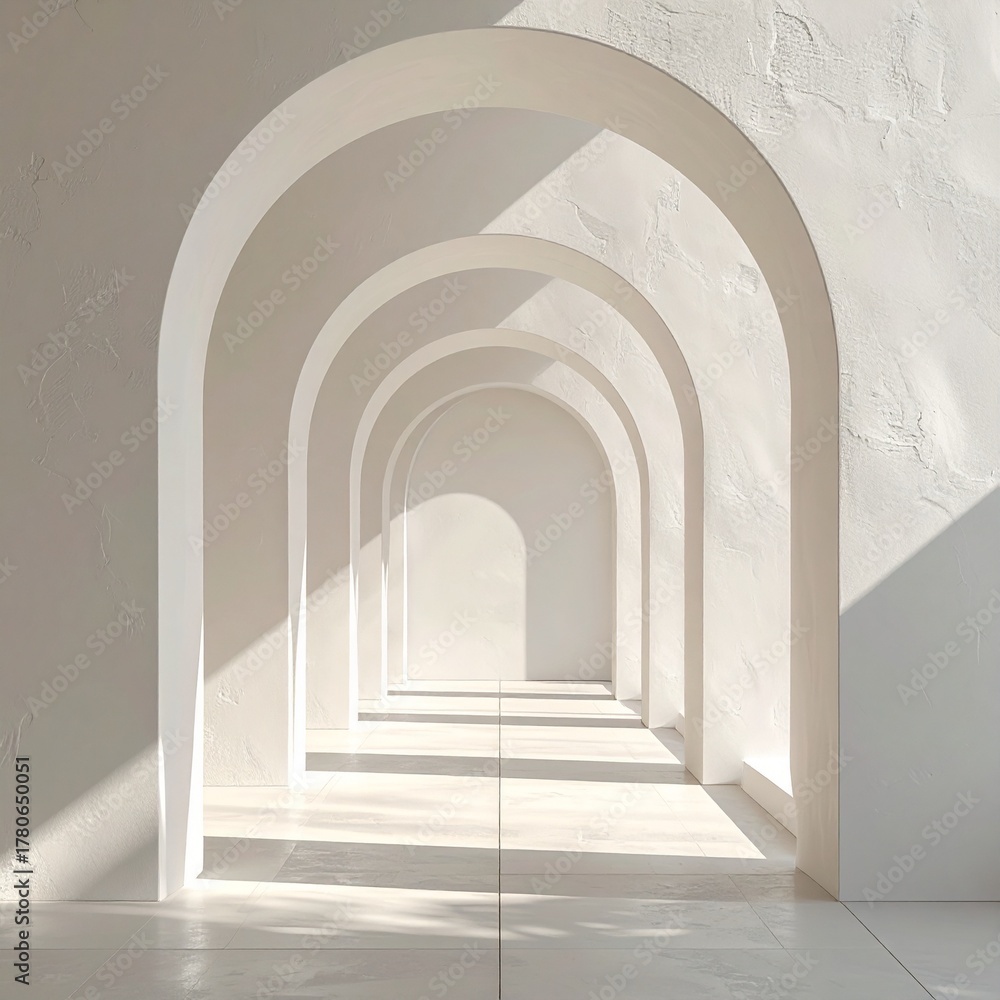 Fototapeta premium White arches hallway with light and shadow pattern