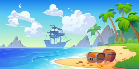 Wandcirkels Piraten Schatkist op tropisch piratenstrand  © Vector Tradition