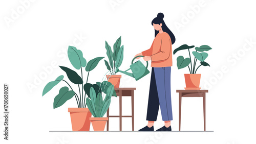 Woman watering houseplants, enjoying her indoor garden hobby.