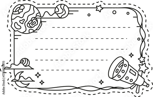 Space galaxy exploration kids memo note template. Kids diary linear vector frame, scrapbook To Do list. Child memo note template or children schedule checklist with space planet and telescope