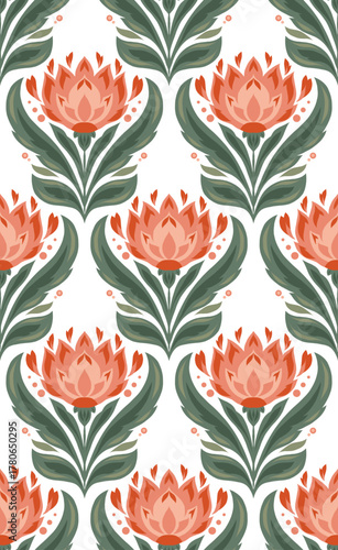 Vector seamless floral pattern with stylized lotus flowers in warm coral and green tones. Modern folk art style.