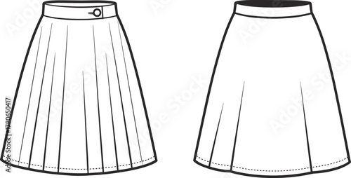 Vector illustration of pleated skirt technical flat sketch, fashion garment design template, clothing construction drawing with waistband details, structured and flowing pleats comparison