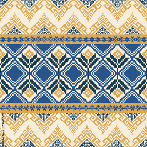  and mustard folk geometric seamless pixel pattern. Ethnic textile design inspired by traditional embroidery. Perfect for fabric, wallpaper, wrapping, and digital backgrounds.
