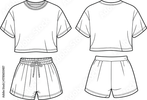 Casual two piece outfit vector illustration, cropped t-shirt fashion design template, shorts apparel sketch, clothing outline drawing, garment sewing pattern reference, women stylish outfit