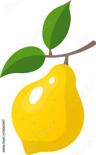 Cartoon ripe yellow lemon hanging from branch with green leaves. Isolated vector tropical whole citrus fruit symbolizing freshness and juiciness. Healthy food, vitamin nutrition or snack