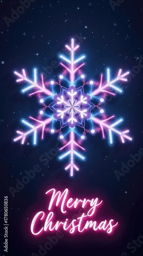 Colorful neon snowflake illustration with glowing lights and festive ambiance, featuring a cheerful holiday greeting for seasonal celebrations
