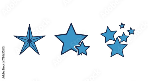 Collection of diverse blue star illustrations showcasing various forms and groupings, perfect for graphic design elements, celebratory decorations, or rating symbols