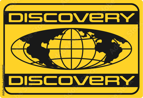 Planet discovery globe Y2K funky sticker or symbol. Planet groovy Y2K vector sphere patch, Earth terrestrial sphere sticker. World globus tag with black oval globe and typography on yellow background