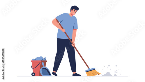 Man Sweeping Floor with Broom and Dustpan.