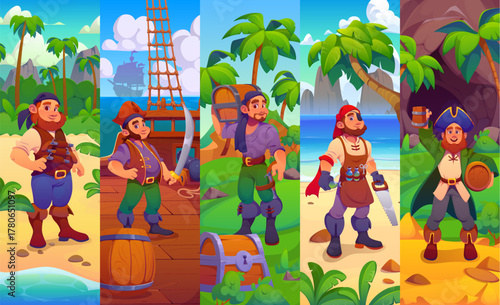 Cartoon Caribbean pirate and corsair characters, ship crew collage on tropical beaches with treasure chests, swords, barrels, and rum mugs. Vector adventurous scenes with rover personages for games