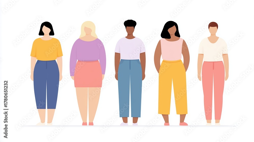 Obraz premium Group of diverse women standing together, showcasing various body types and styles, representing empowerment, confidence, and inclusivity in a vibrant, modern illustration