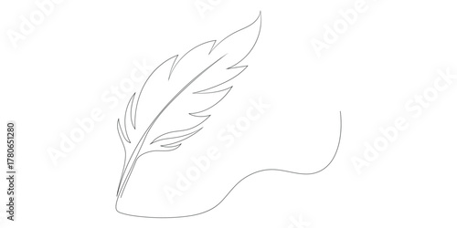 Continuous one line drawing of bird feather quill pen, minimalist symbol of writing poetry and literature, elegant contour for logo tattoo or stationery design outline stroke vector illustration