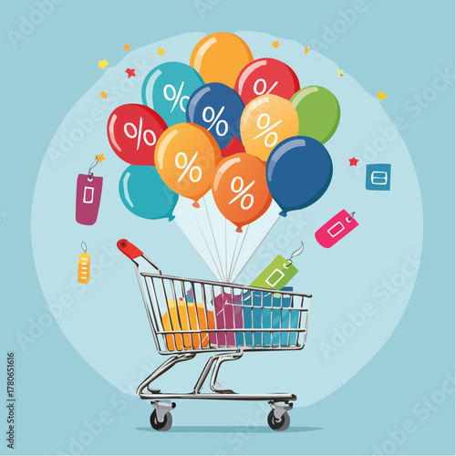 A shopping trolley is filled with sale tags and balloons on a plain blue background, symbolizing excitement.
