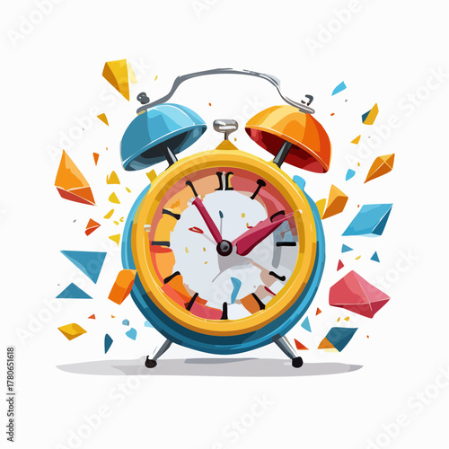 A stylized alarm clock has exploded, its broken pieces scattering outwards with immense, chaotic force.