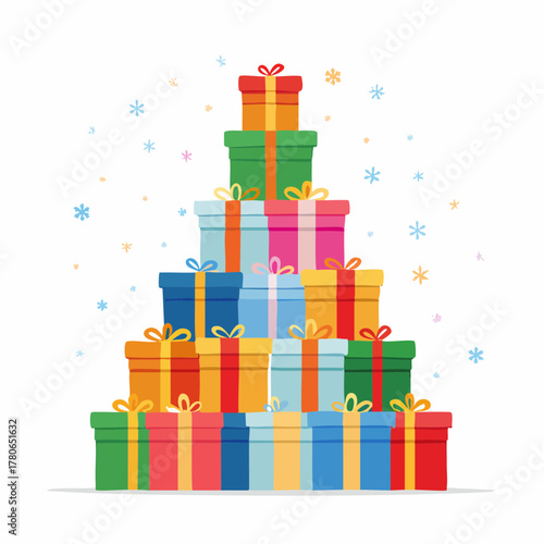 A towering mountain of stacked, brightly colored, generic gift boxes is precariously balanced, ready to tumble.