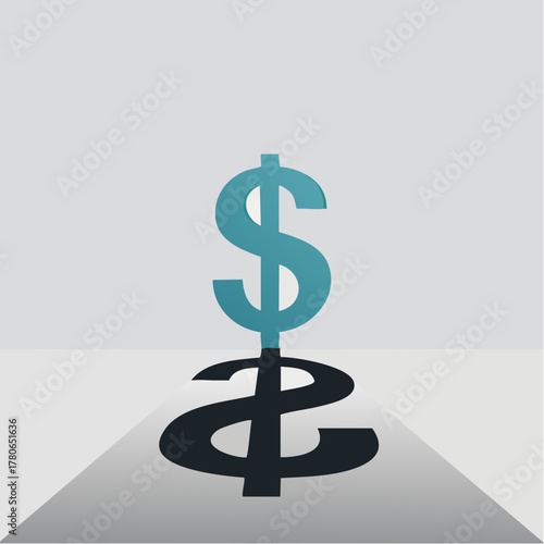A tiny, single dollar sign is magnified to look enormous, casting a long, ominous shadow across the floor.
