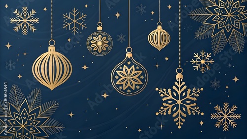 Elegant gold christmas ornaments and snowflakes on a deep blue background