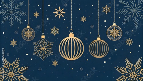 Elegant golden christmas ornaments and snowflakes on a deep blue background