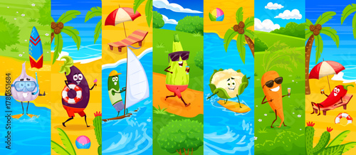 Cartoon cheerful vegetable characters on summer vacation. Cute garlic, eggplant, cucumber, zucchini, cauliflower, carrot and chili pepper having fun on tropical beach, relax, swim, surf and sunbathe