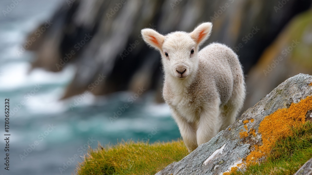 Obraz premium A fluffy baby sheep stands curiously on a grassy clifftop, gazing out over the blue sea. The sun shines brightly, creating a peaceful and beautiful atmosphere that captures the joy of nature