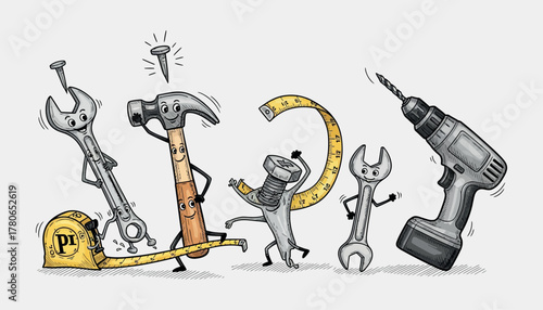 A collection of cartoon tools, including a hammer, wrenches, a tape measure, and a drill, are anthropomorphized and appear to be dancing and working together