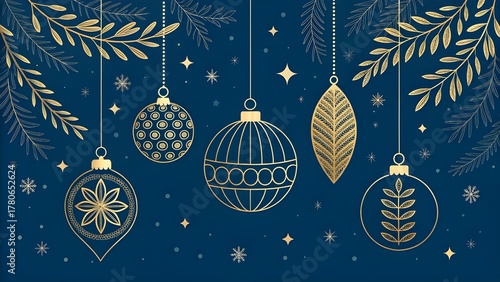 Elegant golden christmas ornaments hanging on dark blue background with twigs and snowflakes