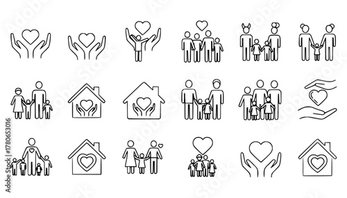 Collection of handdrawn icons representing family, love, care, and home