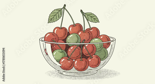 Bowl filled with luscious red and unripe green cherries, vibrant summer