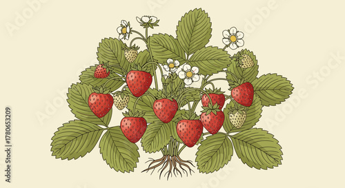 Hand-drawn illustration of a strawberry plant with ripe berries and blossoms