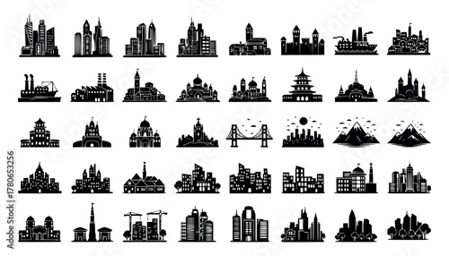 Collection of diverse city skyline silhouettes, including modern skyscrapers, historical buildings, and industrial structures