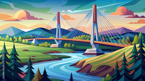 Very beautiful view of the Penobscot Narrows Bridge and its tall observatory tower in Maine, USA, featuring sleek cables, bright sky, and a realistic scenic landscape with the river below.