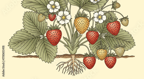 Strawberry Plant Illustration Featuring Ripe Berries, Flowers and Leafy Greenery