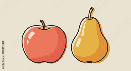 Stylized apple and pear illustration featuring contrasting colors and line art