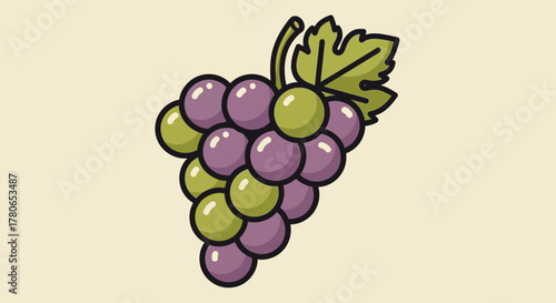 Stylized Illustration of a Bunch of Grapes with Leafy Accent on Cream Background