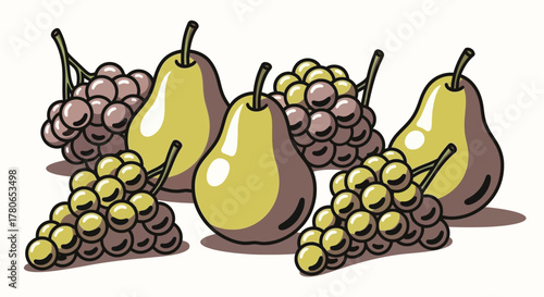Stylized Pear and Grape Illustration on a Neutral Background for Mockup or Template
