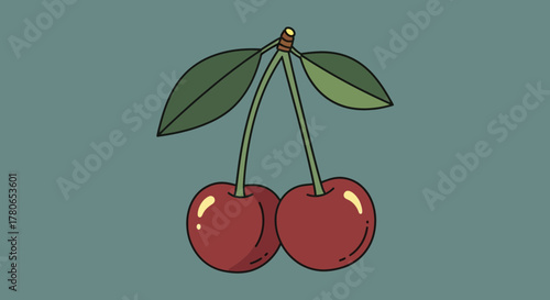 Two vibrant cherries united by a stem, adorned with fresh green leaves